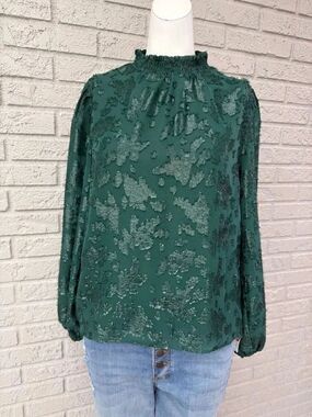 Melloday Ruffle Neck Long Sleeve Hunter Green Lace Blouse Size S